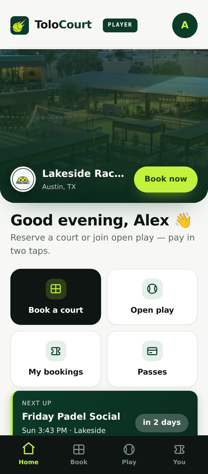 The ToloCourt member app home screen